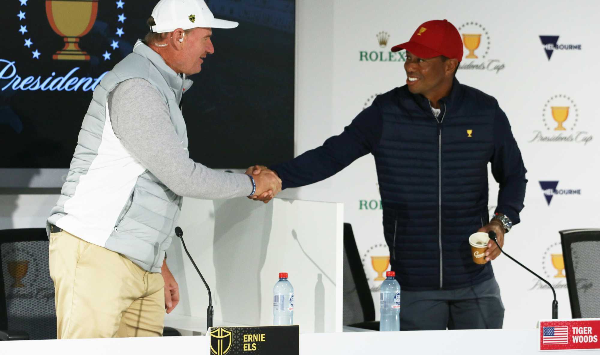 Ernie Els and Tiger Woods during the press conference at the 2019 Presidents Cup.