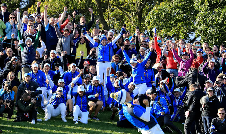 Suzann Pettersen sparks wild celebrations for her European teammates and the crowd at last year's Solheim Cup.