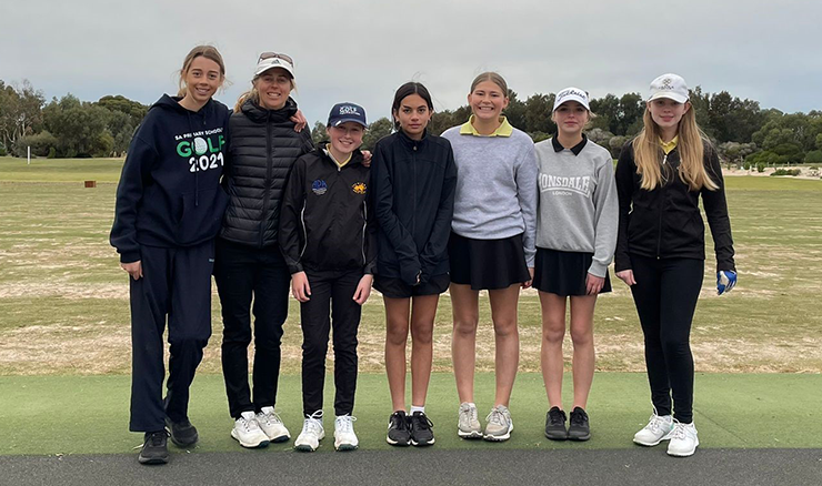 Sarah Douglass-Norris with the Australian Golf Foundation Junior Girls' Golf Scholarship recipients at Flagstaff Hill Golf Club.