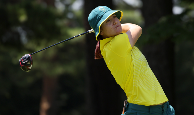 Hannah Green tees off during the third round in Tokyo.