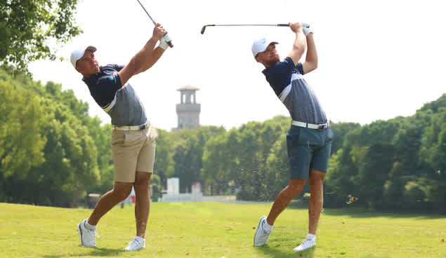 David Micheluzzi and Blake Windred on the 10th hole at Sheshan International on Tuesday at the 2019 Asia-Pacific Amateur Championship. (Photo: Justin Falconer)