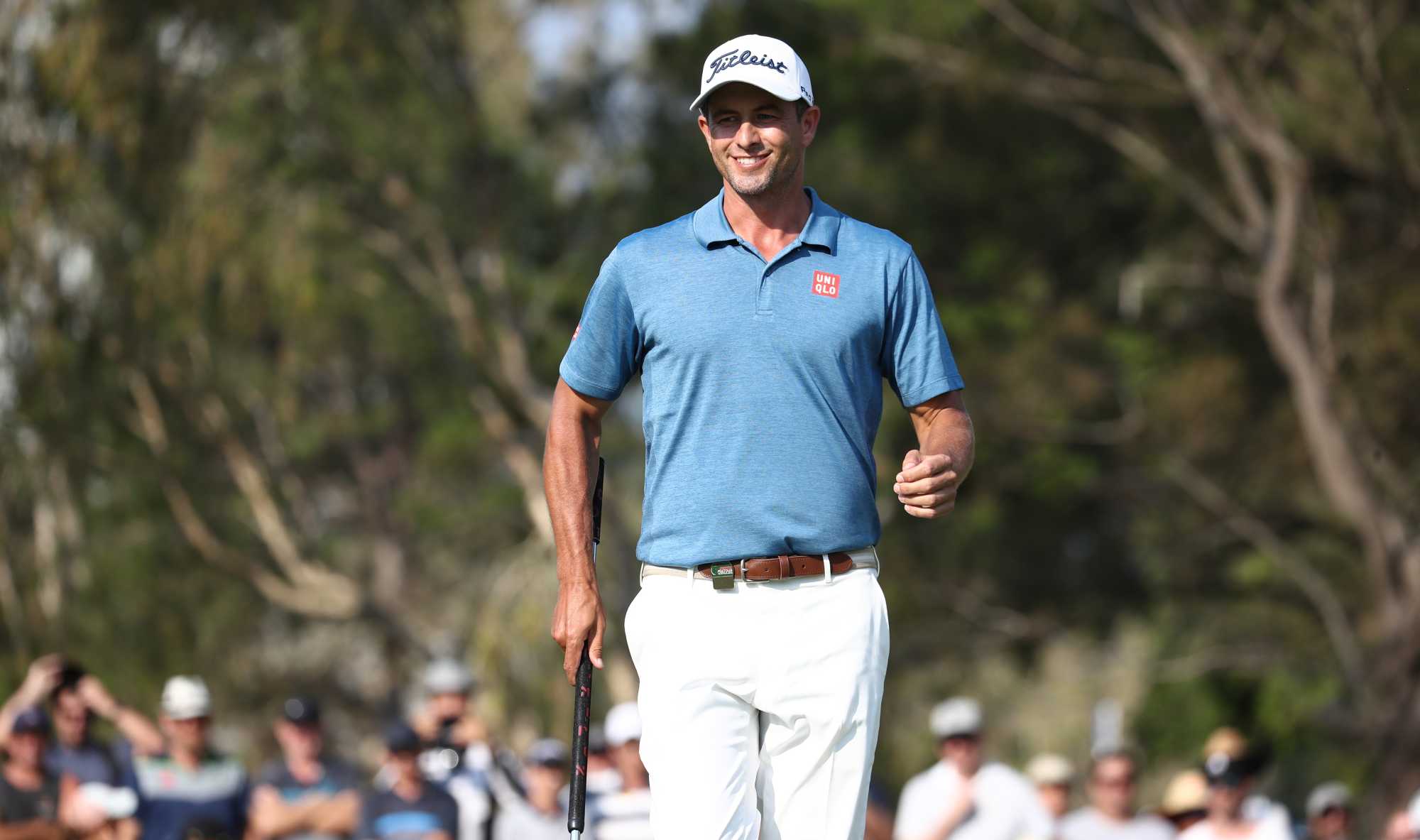 Adam Scott celebrates a putt during round three of the Australian PGA Championship. Picture: PGA of Australia