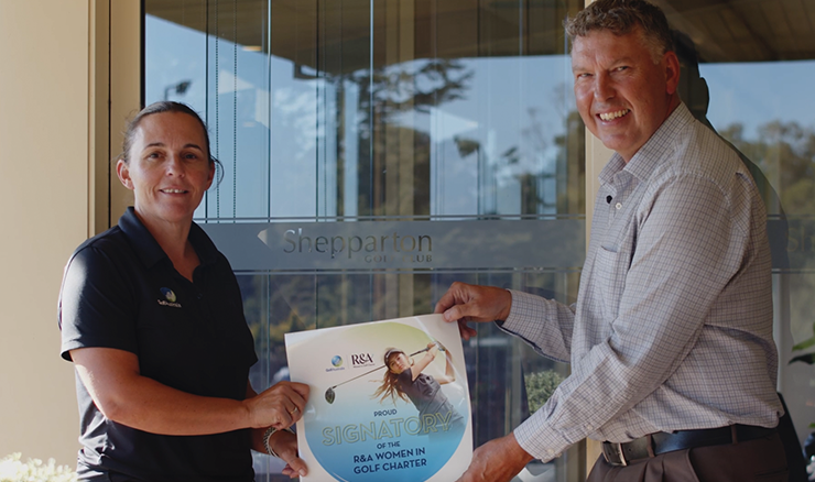 Geoff Hall, Anne Peng and Julie Hutchins of Shepparton Golf Club discuss their club's commitment to the R&A Women in Golf Charter.