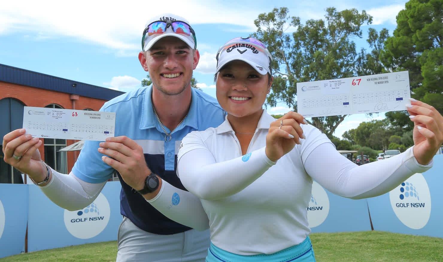 Partners Josh Armstrong and Doey Choi show off their record-setting cards at Corowa. Picture: DAVID TEASE