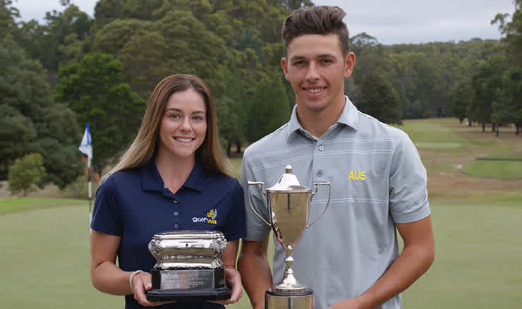 Good friends Kathryn Norris and Hayden Hopewell show off their respective Tasmanian Open trophies at Ulverstone.