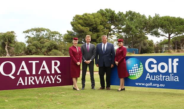 Qatar Airways Senior Manager of Australasia, Mr. Adam Radwanski and Golf Australia Chief Executive Stephen Pitt celebrate the beginning of a three-year partnership.