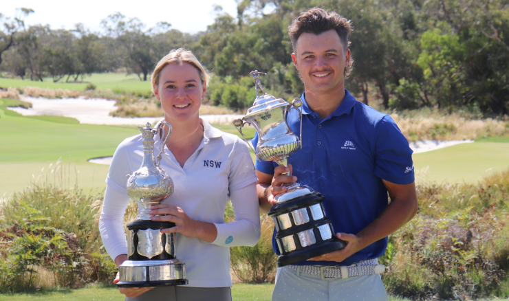 Sydneysiders Kelsey Bennett and Harrison Crowe hold the Victorian Amateur trophies aloft.