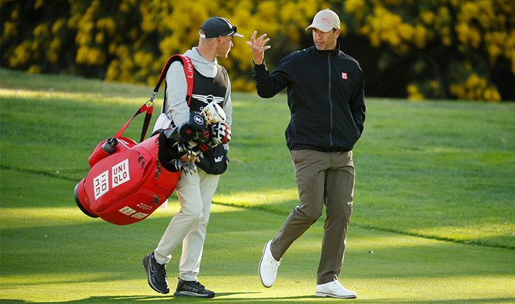 Adam Scott with his fill-in caddy during the Pro-Am ahead of The Genesis Invitational.