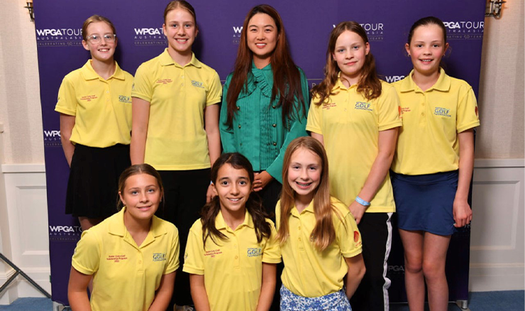 Minjee Lee with AGF scholarship girls at the recent WPGA Tour of Australasia 50th anniversary celebration.