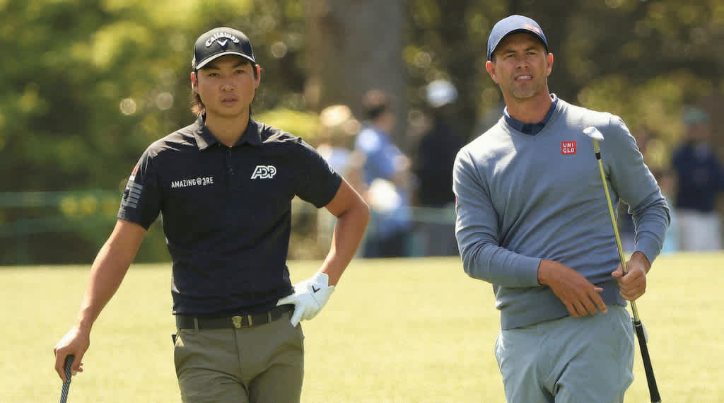 Min Woo Lee and Adam Scott during their practice round at Augusta National. 