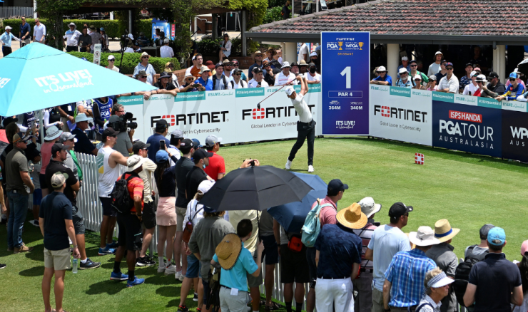 Min Woo Lee teeing off on the first at Royal Queensland.