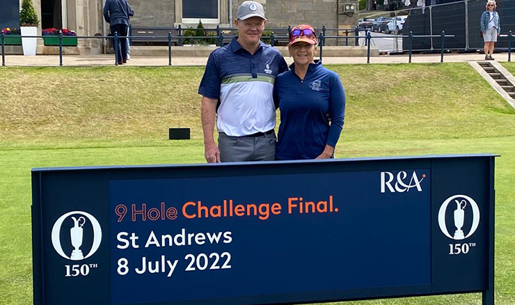 Play 9 winners Shane Ritchie and Ann Campbell at the first tee of the Old Course ahead of the R&A's 9 Hole Challenge Final.