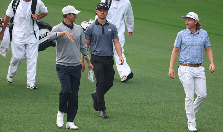 Adam Scott, Harrison Crowe and Cameron Smith during their Tuesday practice round.