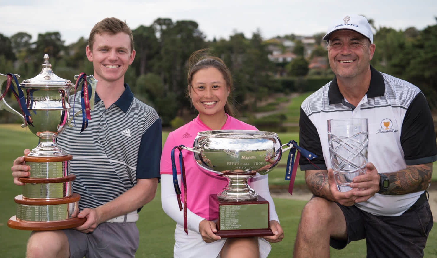 Andrew Richards, Jeneath Wong and Warren Sutton show off their spoils at Riversdale GC. Picture: GOLF GRINDER