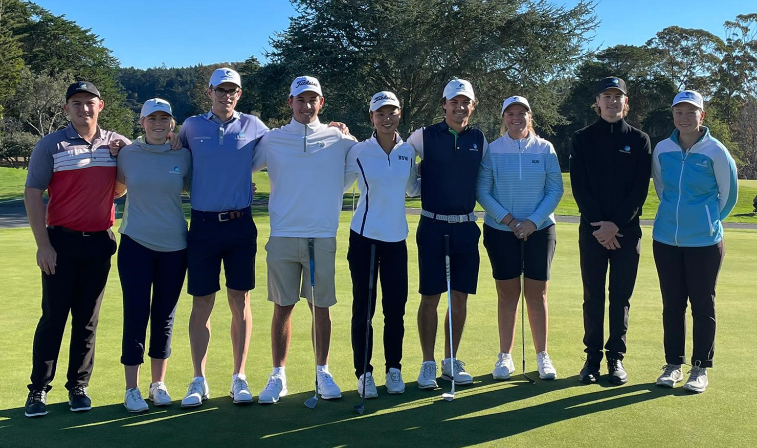 The Aussie squad takes a break from practice at North Shore Golf Club in Auckland today.