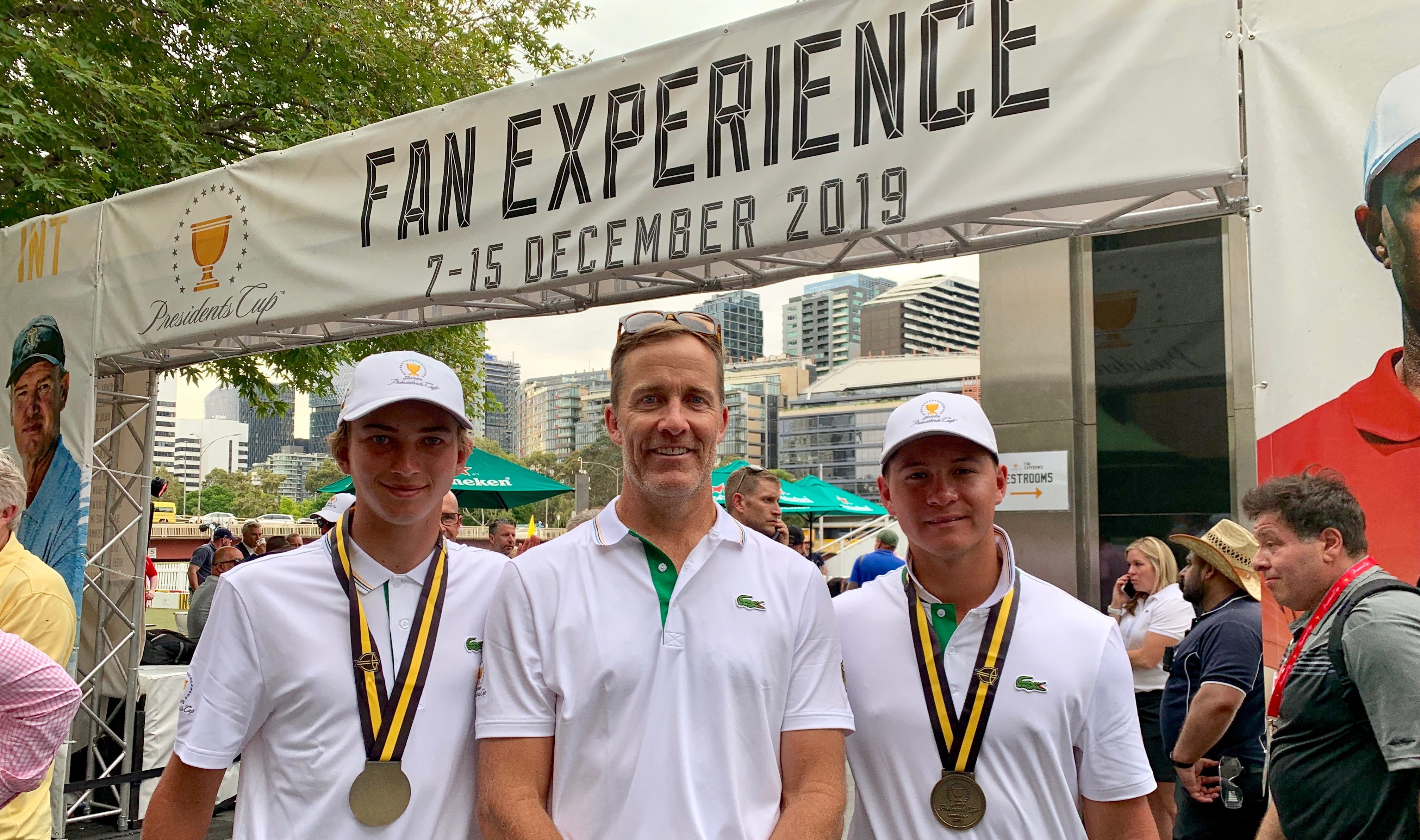 Josh Greer, Stuart Appleby and Karl Vilips savour the Presidents Cup fan experience in the Melbourne CBD tonight.