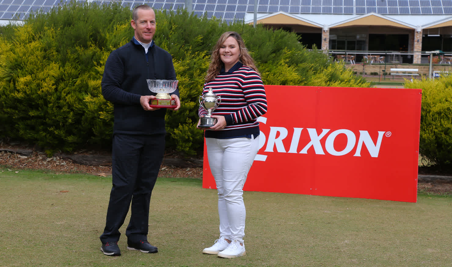 Chris Campbell and Stacie McDonald show off their trophies in Mulwala. Picture: DAVID TEASE