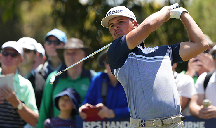 Harrison Crowe tees off during the ISPS HANDA Australian Open last month.