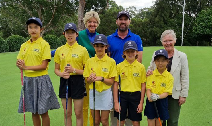 Where it all began, Bonnie Boezeman pictured with 2021 scholarship girls, Patrick Fairweather, head PGA Professional and Sylvia VP of Killara board at Killara Golf Club, NSW.