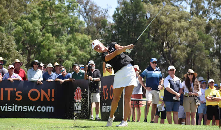 Julia Engstrom hits her magical closing tee shot to seal her first LET and ALPG victory. Picture: Golf NSW