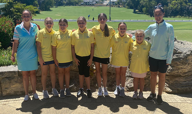 Joondalup's girls scholarship recipients. Left to Right Jodie Chubb (JCC Ladies Captain), Mya Denver, Tamsin Whyte, Tenae Bouwer, Chloe Frediani, Sienna McCulloch, Jade McCulloch and Jess Speechley (PGA Professional).