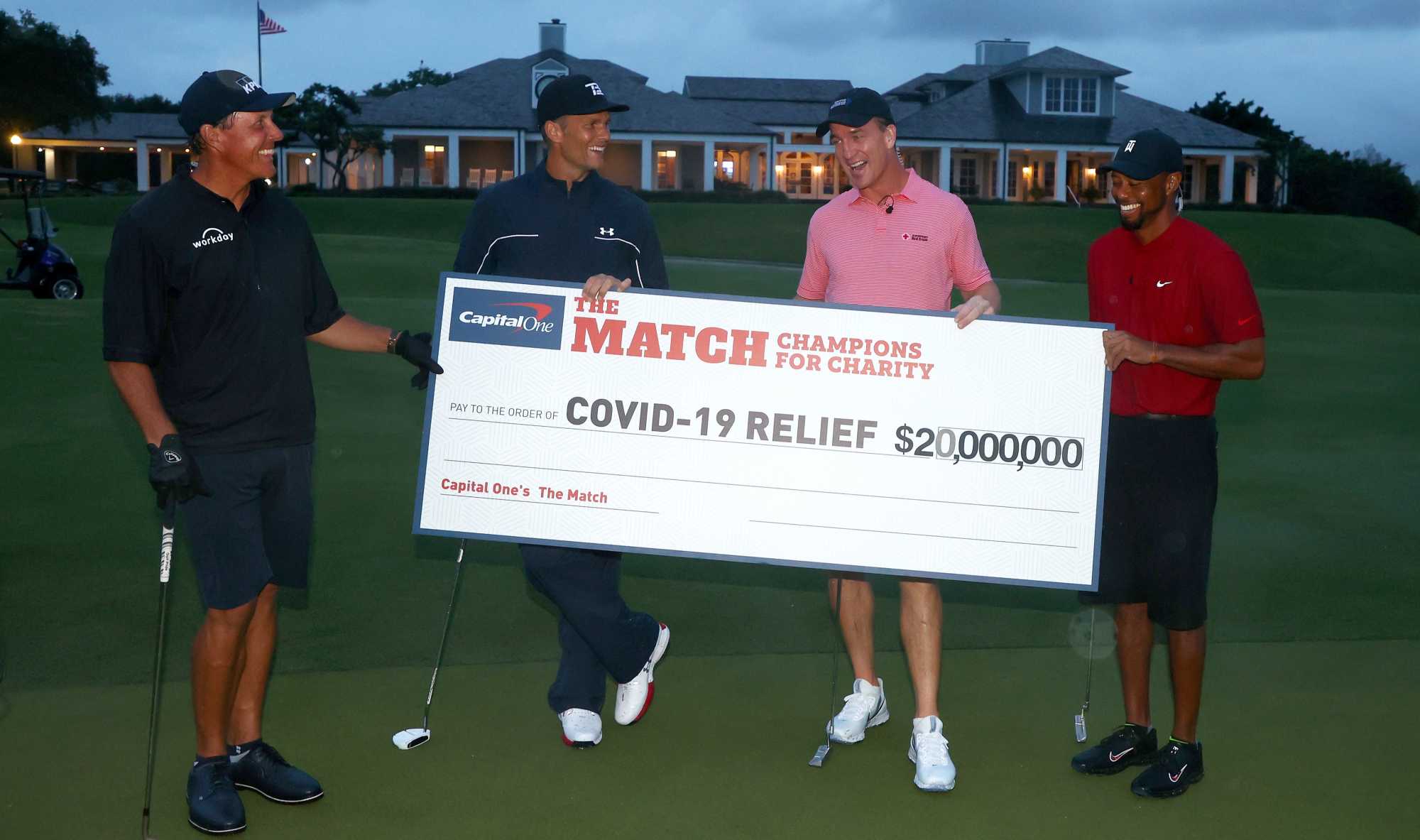 Phil Mickelson, Tom Brady, Peyton Manning and Tiger Woods raised $US 20 million for Covid-19 relief. Photo: Getty Images