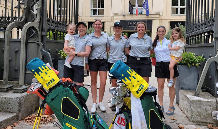 Stacey and Zoe Peters, Kelsey Bennett, Maddison Hinson-Tolchard, Kirsten Rudgeley, and Lauren and Isla Mackey proudly wearing the Australian uniform in Paris. 