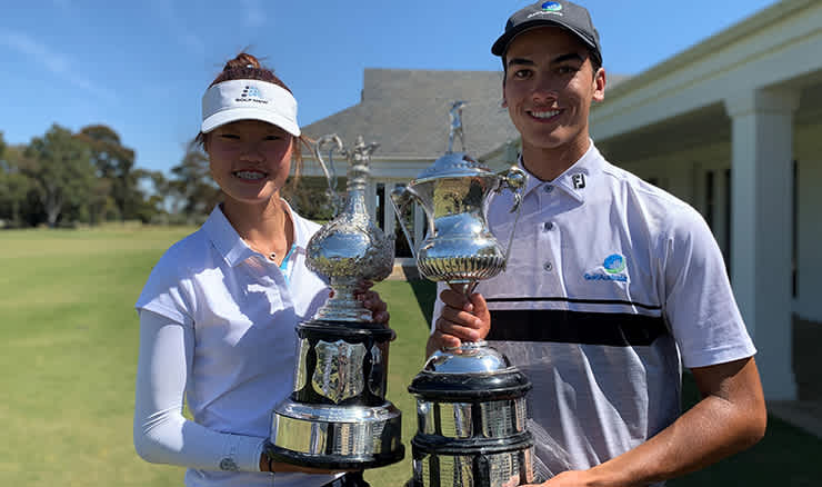 Grace Kim and Andre Lautee with the Victorian Amateur trophies today.