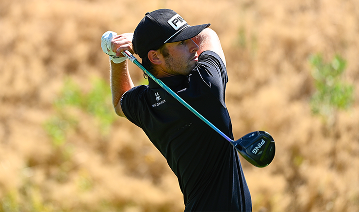 Harrison Endycott tees off during the Korn Ferry Tour's Utah Championship.