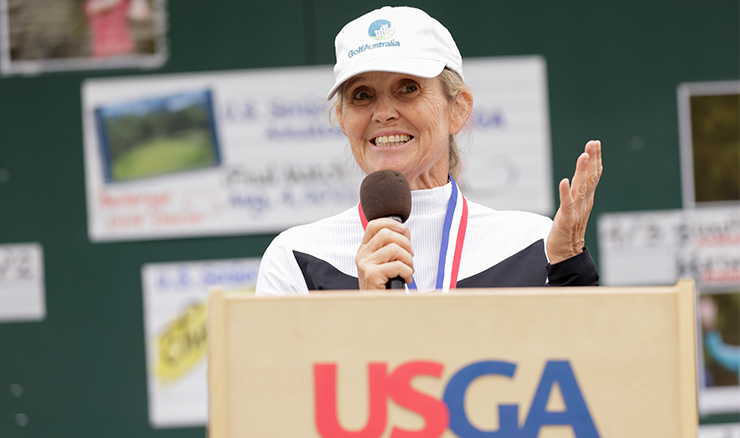 Sue Wooster addresses the awards ceremony after she lost 4&3 to Shelly Stouffer in the final of the 2022 U.S. Senior Women's Amateur at Anchorage Golf Course in Alaska. Photo: USGA.