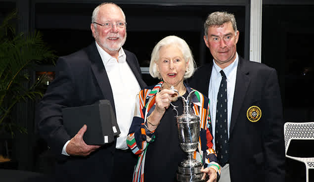 Peter Thomson's wife, Mary Thomson, and son Andrew with Ramsey Award winner Brendan Moloney this week.