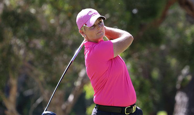 Trudi Petrie (pictured) is one shot off the lead and among the contenders at the Australian Mid-Amateur Championship.