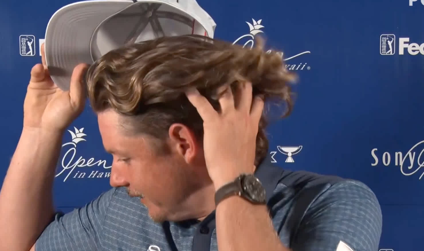 Cam Smith shows off his flowing locks in his pre Sony Open press conference in Hawaii. IMAGE: PGA TOUR