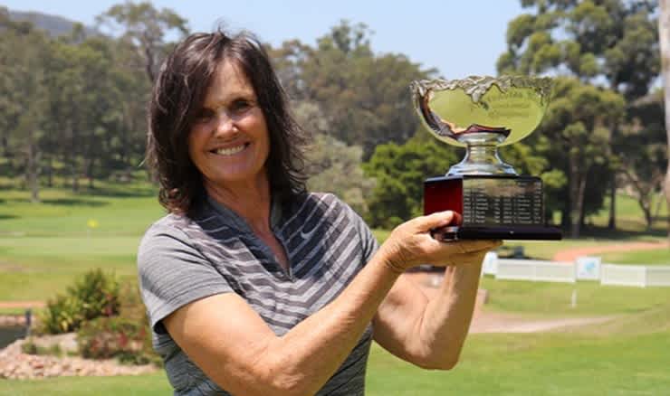 Sue Wooster with the 2019 Australian Women's Senior Amateur Championship trophy at Nelson Bay.