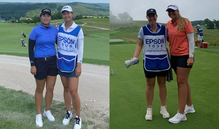 Belinda Ji caddying for Soo Jin Lee (left) and Caitlin Peirce doing the same for Emily Mahar (right).
