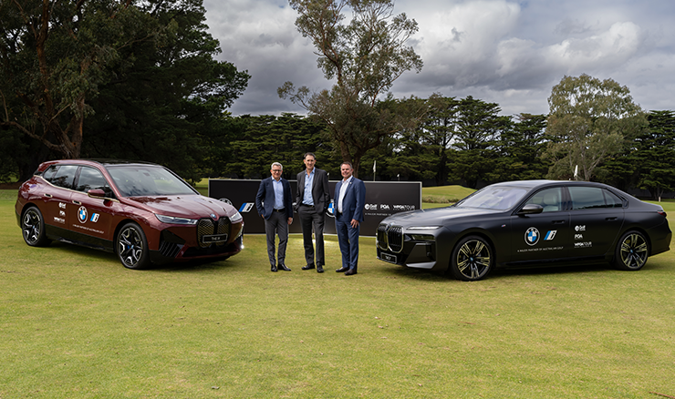 BMW Australia CEO Wolfgang Buechel with Golf Australia CEO James Sutherland and PGA of Australia CEO Gavin Kirkman.