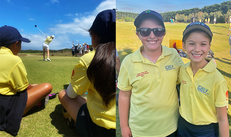 Left: Scholarship recipients watching Cassie Porter. Right: Two happy scholarship recipients at the Vic Open.