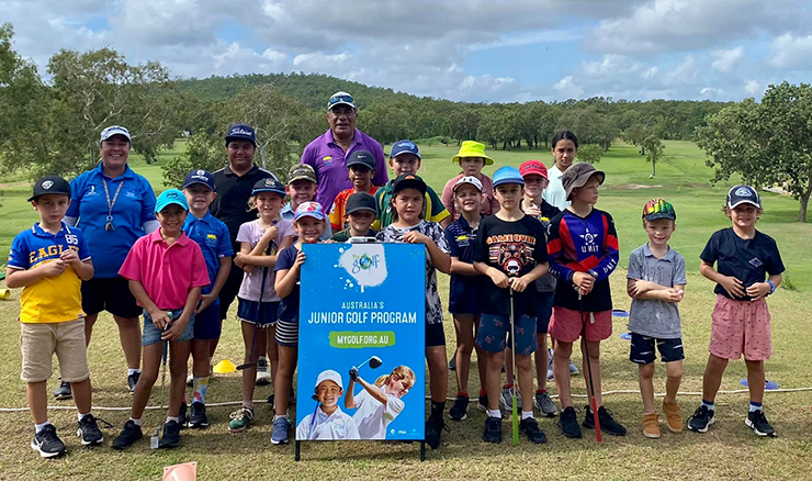 The Sunday MyGolf participants at Gove Country Golf Club in north-east Arnhem Land with long-time volunteers Esther and Jonetani Rika. Ten of their 22 MyGolfers are girls.