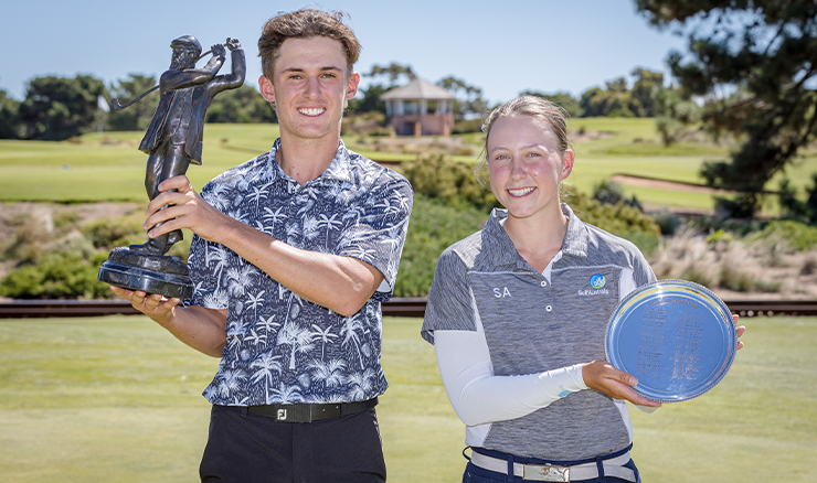 West Australian Connor McKinney and South Australian Caitlin Peirce with the South Australian Amateur Classic and Rene Erichsen Salver trophies.