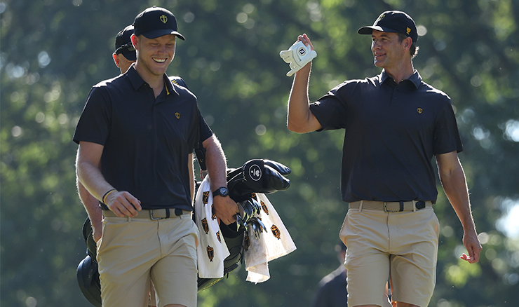 Cameron Davis with idol and teammate Adam Scott during a practice round at Quail Hollow.