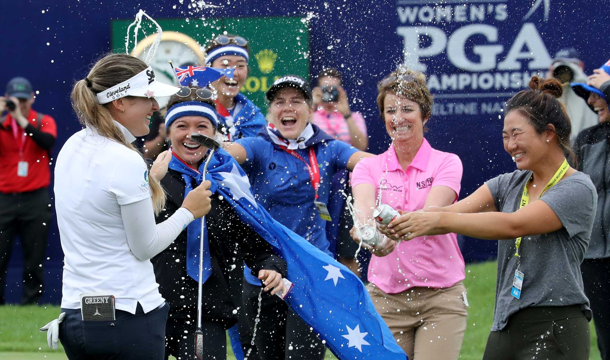 Hannah Green celebrating after her breakthrough major win. Picture: Getty