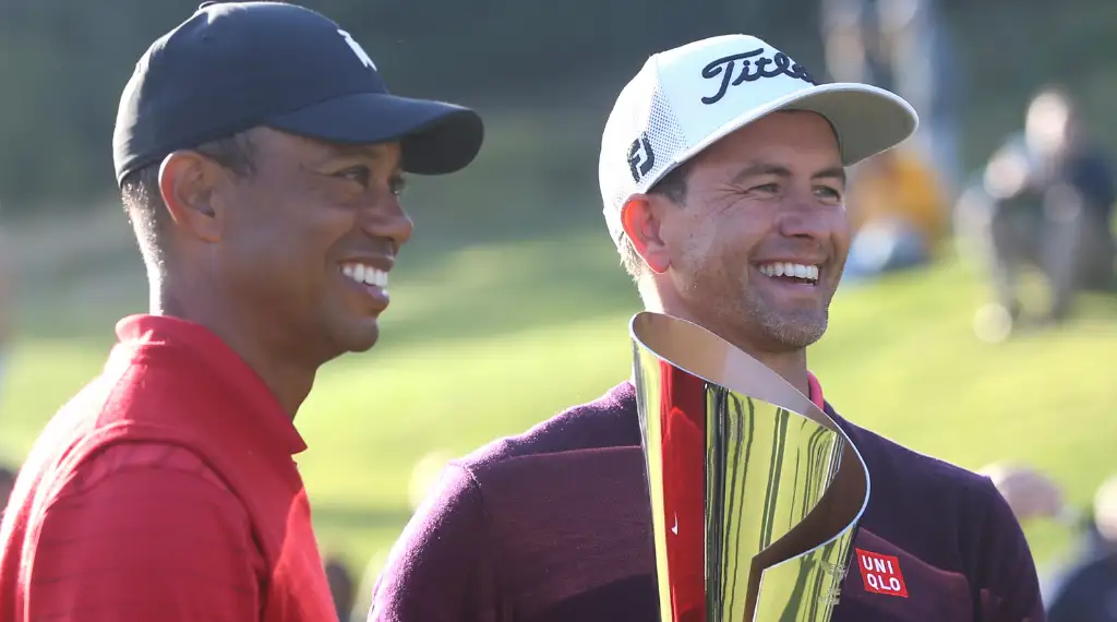 Adam Scott with Tiger Woods after his win at the 2020 Genesis Invitational.