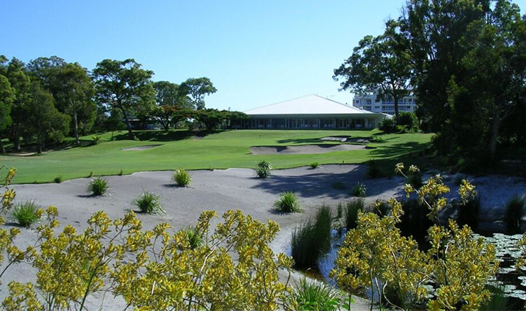 A view of the 18th green and Bribie Island Golf Club's clubhouse.