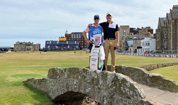 Anthony Quayle and his caddie for the week Brendan Jones on the famous Swilken Bridge on the 18th fairway at St Andrews.