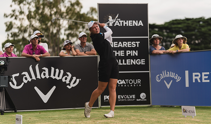 Caitlin Peirce tees off during The Athena's nearest to the pin challenge - where she hit the pin.