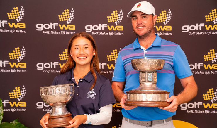 2022 WA Amateur champions Adam Hatch and Celine Chen with their trophies.