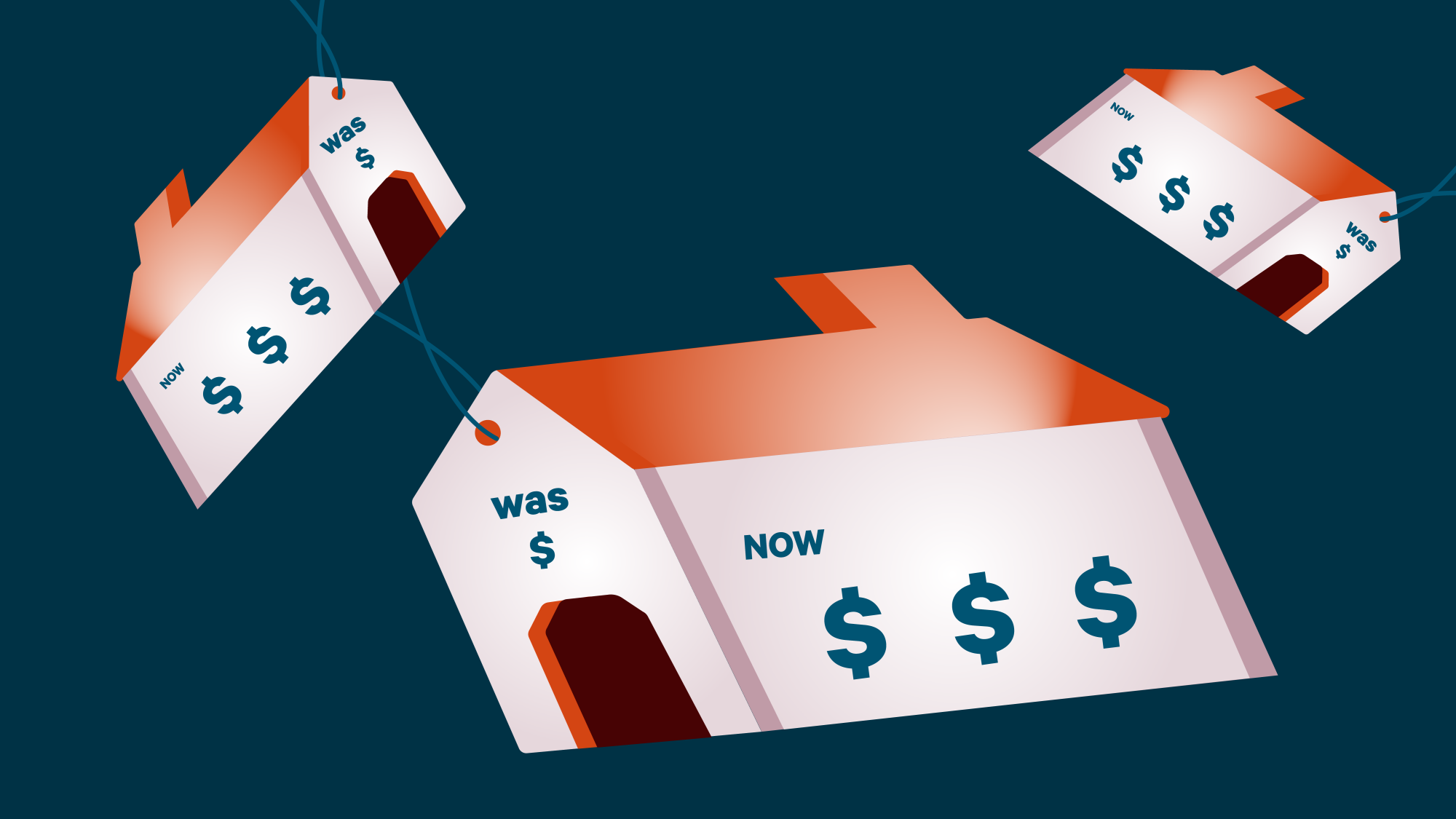 illustration of three house-shaped price-tags, each labeled "was $, now $$$" 