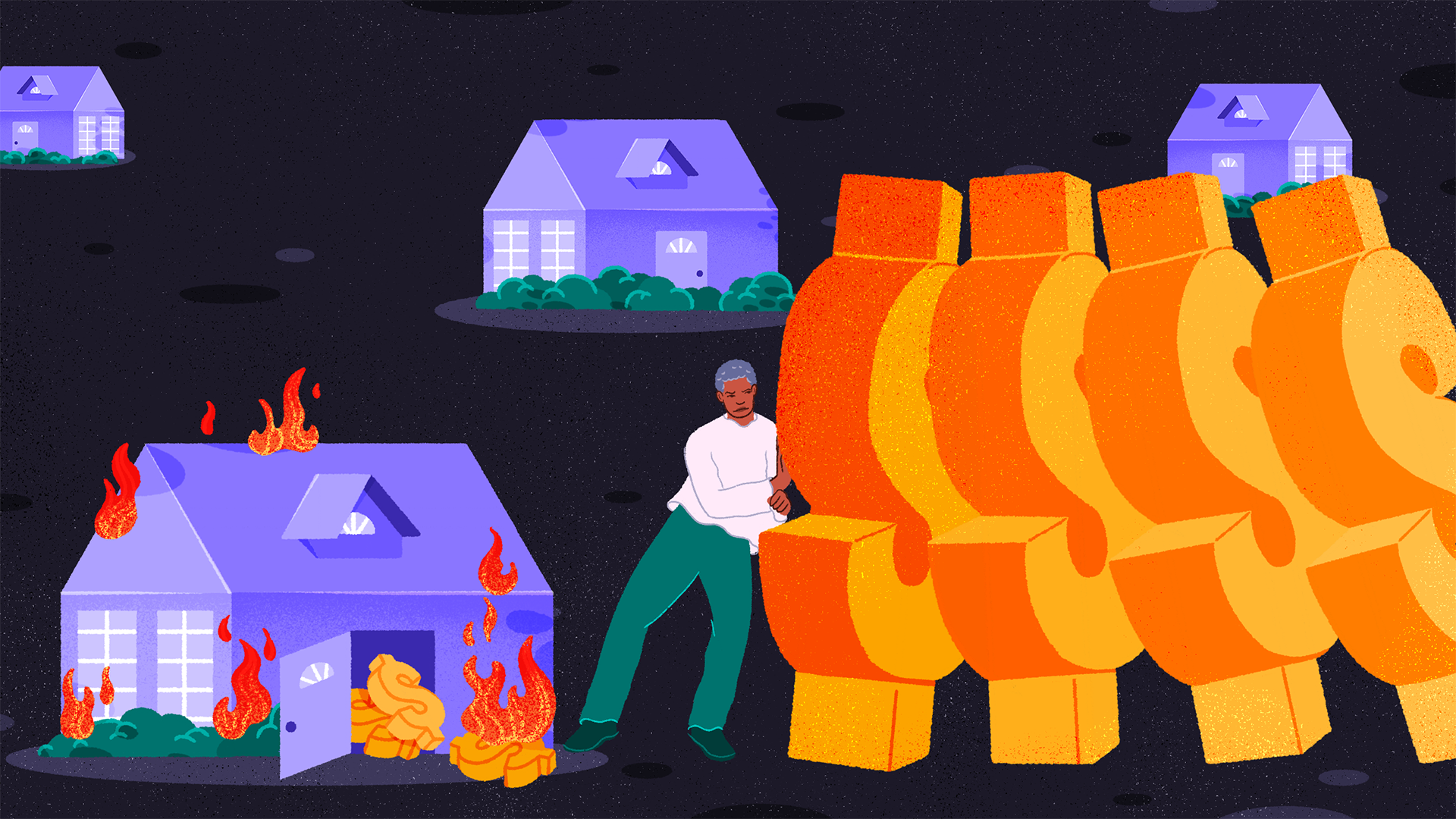 Illustration of a house on fire and homeowner struggling under the weight of the cost of home insurance.