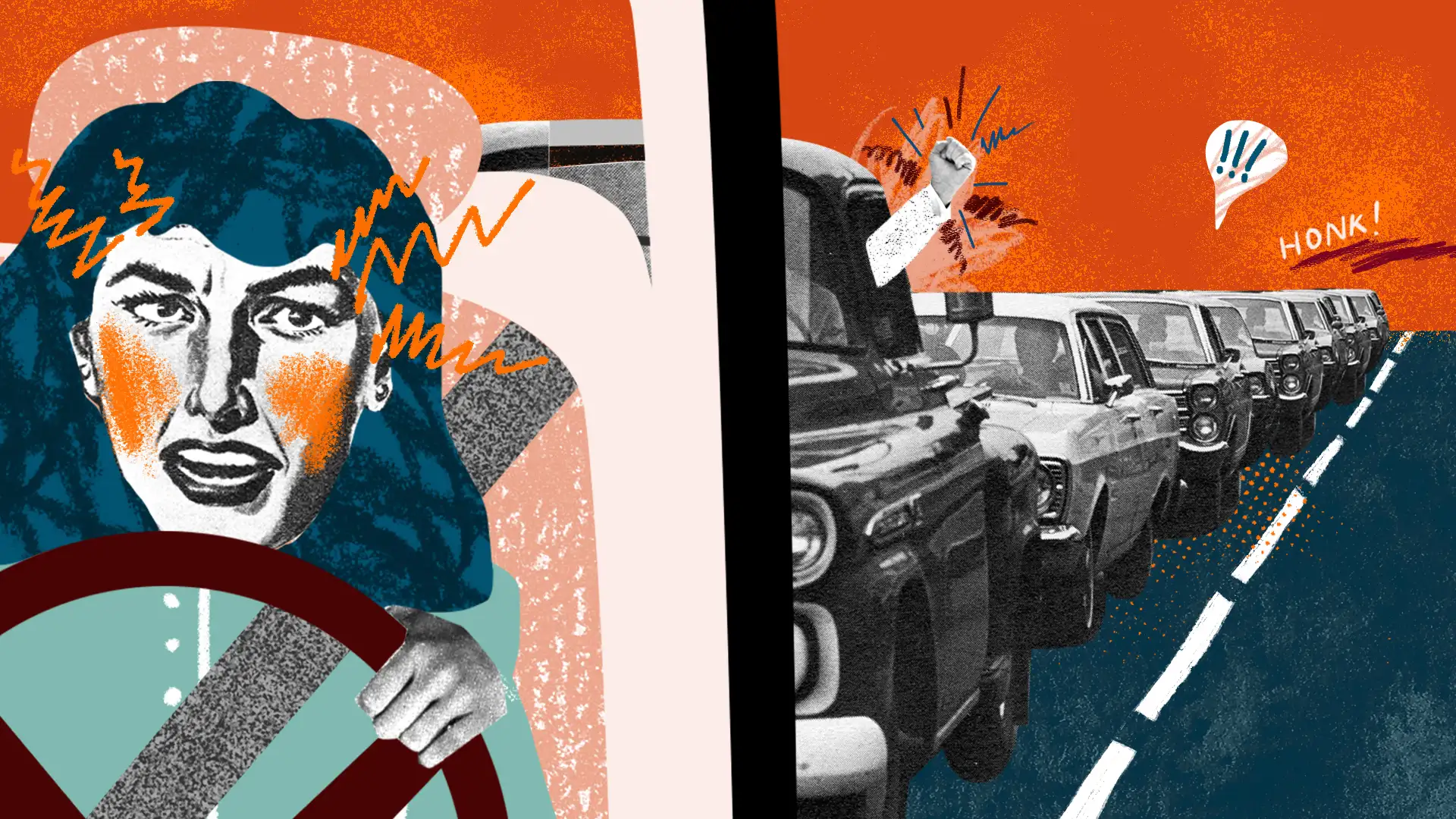 Illustrated woman in car being yelled at by angry drivers behind her.