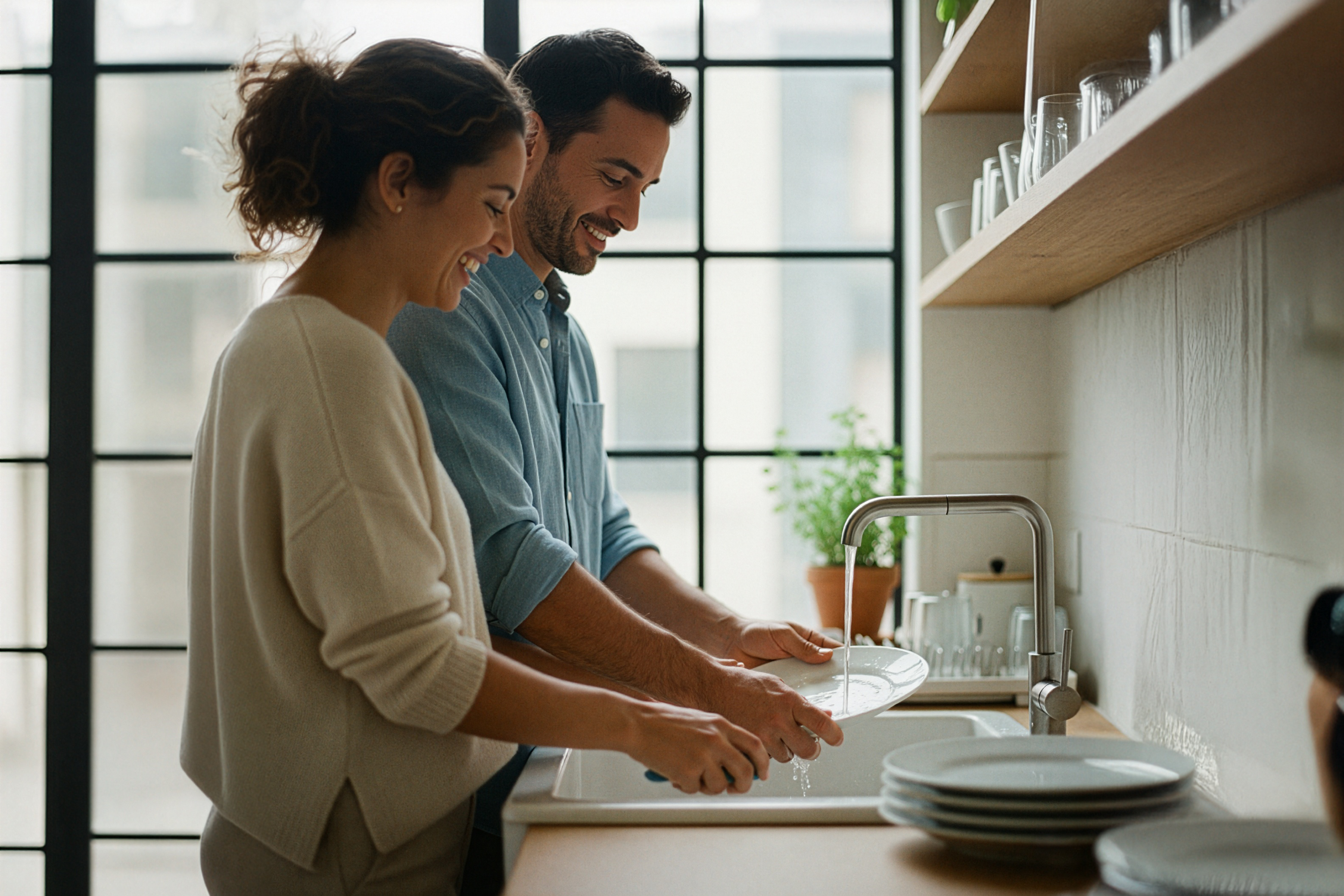 Home Couple Washing Dishes